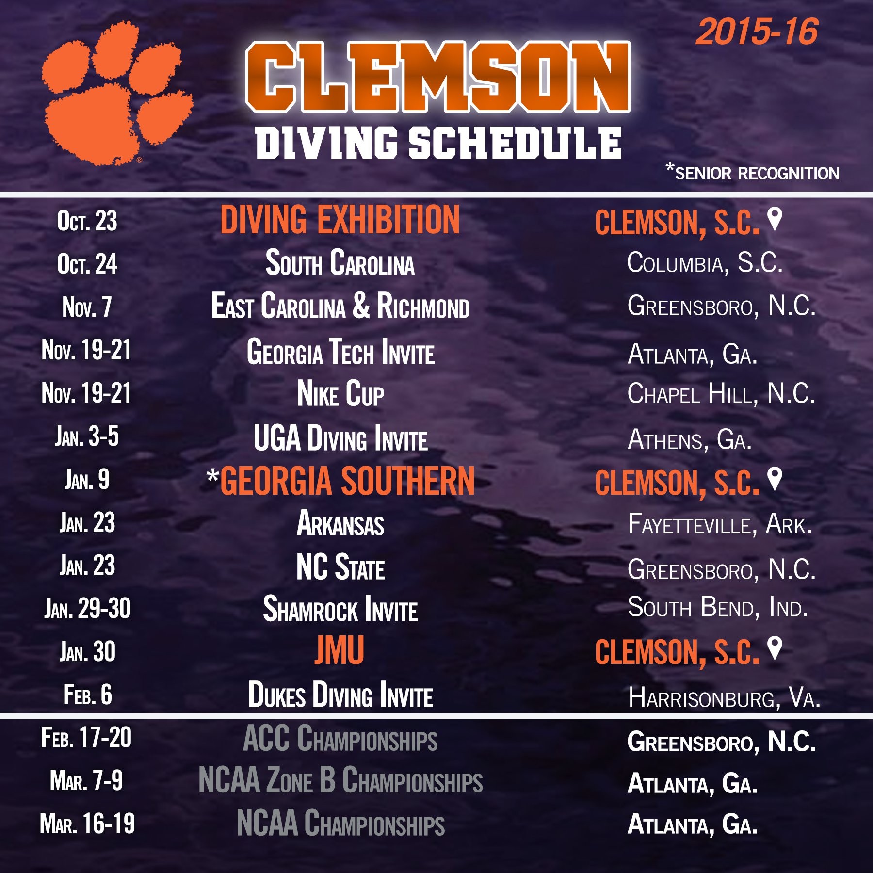 Clemson Diving Announces 2015-16 Schedule