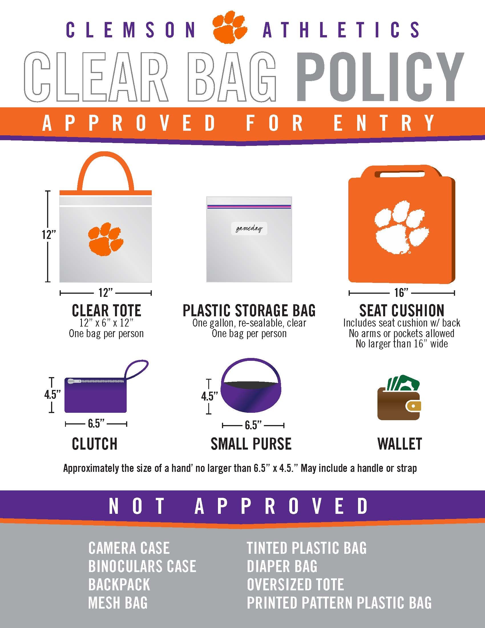CLEMSON CLEAR BAG POLICY AT MEMORIAL STADIUM